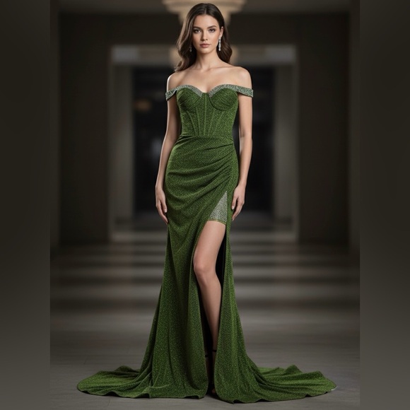 Faeriesty Dresses & Skirts - Elegant Green Off-Shoulder Evening Gown